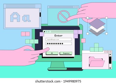 Computer screen with programs and applications. Conceptual flat vector illustration of UI and UX design and programming.