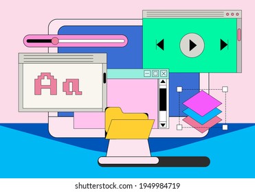 Computer screen with programs and applications. Conceptual flat vector illustration of UI and UX design and programming.