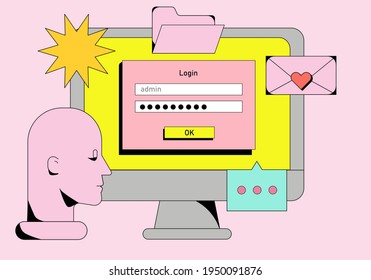 Computer screen with programs and applications. Conceptual flat vector illustration of UI and UX design and programming.