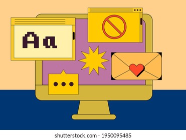 Computer screen with programs and applications. Conceptual flat vector illustration of spam mail, malware and ransomware.