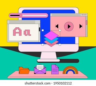 Computer screen with programs and applications. Conceptual flat vector illustration of UI and UX design and programming.