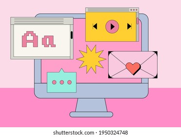 Computer screen with programs and applications. Conceptual flat vector illustration of UI and UX design and programming.
