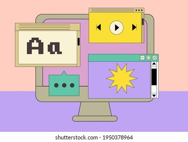 Computer screen with programs and applications. Conceptual flat vector illustration of UI and UX design and programming.