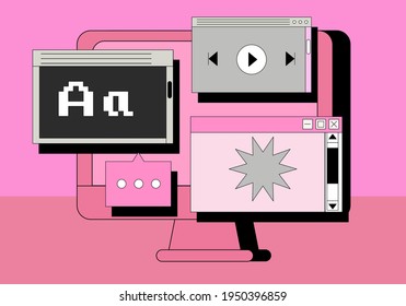 Computer screen with programs and applications. Conceptual flat vector illustration of UI and UX design and programming.