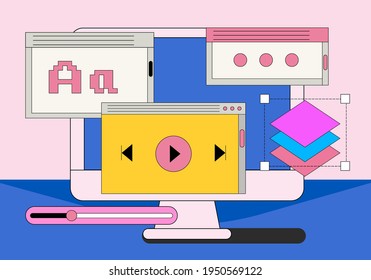 Computer screen with programs and applications. Conceptual flat vector illustration of home office, UI and UX design and programming.