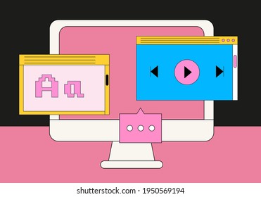 Computer screen with programs and applications. Conceptual flat vector illustration of UI and UX design and programming.