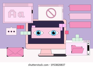 Computer screen with programs and applications. Conceptual flat vector illustration of UI and UX design and programming.