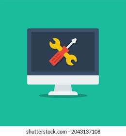 Pantalla de computadora con icono de mantenimiento de reparación. Ilustración vectorial plana adecuada para muchos fines.