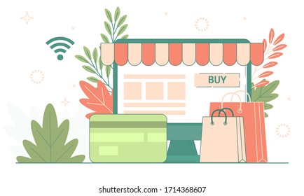 Computer screen represent of front of shop store. Shopping Online on Website Application Vector Concept Marketing and Digital marketing. Online store sale app. E-shopping business.