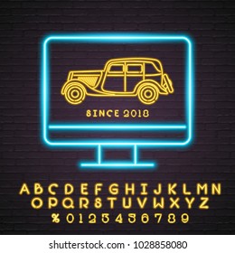 Computer Screen and Retro Club Neon Light Glowing Vector Illustration Bright Sign and Alphabet Yellow Colour Neon Set Symbol
