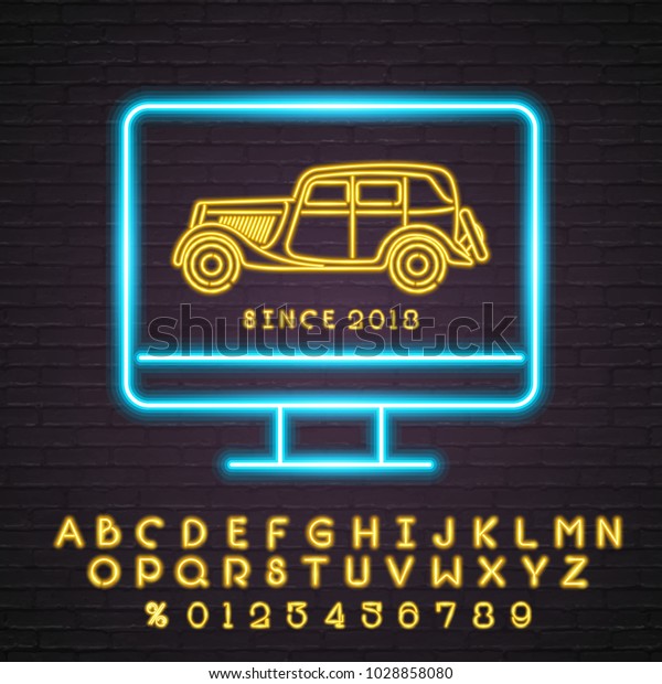 Computer\
Screen and Retro Club Neon Light Glowing Vector Illustration Bright\
Sign and Alphabet Yellow Colour Neon Set\
Symbol