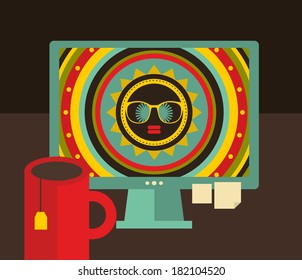 Computer screen in retro colors with colorful desktop. Vector illustration of hipster workplace. 