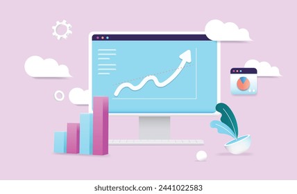 Computer screen with rising arrow - Desktop monitor with chart and graph pointing up in abstract semi 3d flat cartoon design, front view vector illustration