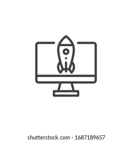 Computer screen with rocket line icon. linear style sign for mobile concept and web design. Computer boost outline vector icon. Symbol, logo illustration. Vector graphics