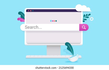 Computer screen with search bar - Vector illustration of desktop with search engine and decorative elements. Flat design on blue background