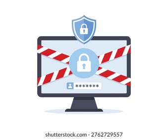 Computer screen with security lock and warning tape, cyber security