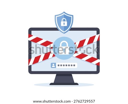 Computer screen with security lock and warning tape, cyber security