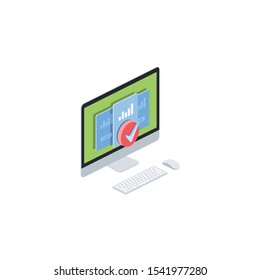 Computer screen, selection, settings, check mark. Vector 3d isometric, color web icon, new flat style. Creative illustration design, idea for infographics.