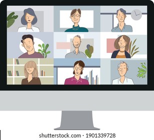 Computer screen with several participants in a video conference, drawn in cartoon style.