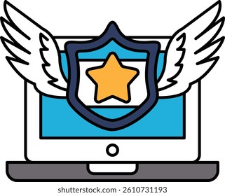 A computer screen with a shield and wings on it. The shield is blue and the wings are white