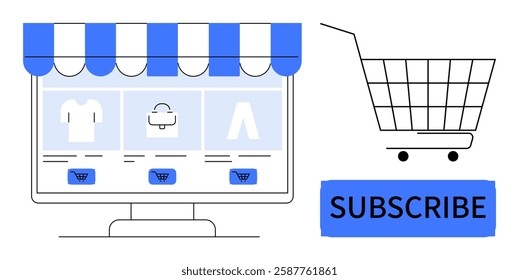 Computer screen shop with awning, three product icons shirt, bag, pants, cart, and subscribe button. Ideal for e-commerce, online shopping, retail marketing, digital business, and product