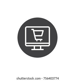 Computer screen with shopping cart icon vector, filled flat sign, solid pictogram isolated on white. Trolley on display symbol, logo illustration.