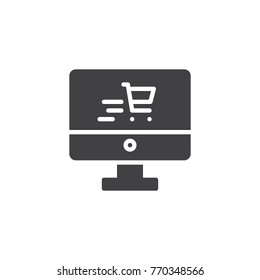 Computer screen with shopping cart icon vector, filled flat sign, solid pictogram isolated on white. Online shopping symbol, logo illustration.