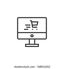 Computer screen with shopping cart line icon, outline vector sign, linear style pictogram isolated on white. Online shopping symbol, logo illustration. Editable stroke