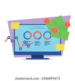 Computer screen showing business dashboard featuring graphs and financial data along with money icons. Data-driven decision-making for companies concept