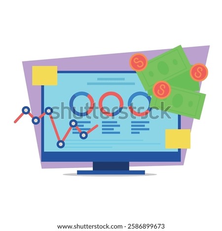 Computer screen showing business dashboard featuring graphs and financial data along with money icons. Data-driven decision-making for companies concept