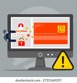 Pantalla de la computadora que muestra el robo de datos de la tarjeta de crédito con el imán del hacker, la señal de advertencia y la Cuenta desbloqueada. Concepto de fraude en línea, ciberdelito financiero y riesgo de pago digital.