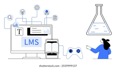 Computer screen showing LMS interface with icons for text editing, research, and certification. Nearby, a tablet, book, game controller and lab flask. Ideal for education technology, online learning