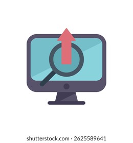Computer screen showing a magnifying glass focusing on an upward arrow, depicting the concept of market research and growth