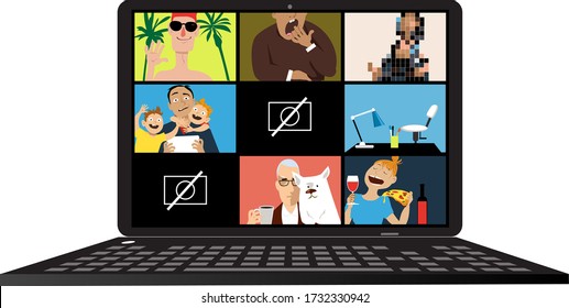 Computer screen showing a video-conference between remote workers, having multiple technical and organisational problems, EPS 8 vector illustration