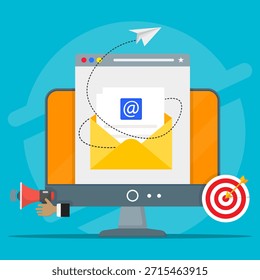 La pantalla de la computadora muestra el correo electrónico con símbolos de marketing. Perfecto para blogs de negocios, redes sociales, Sitios web, presentaciones y campañas de marketing.