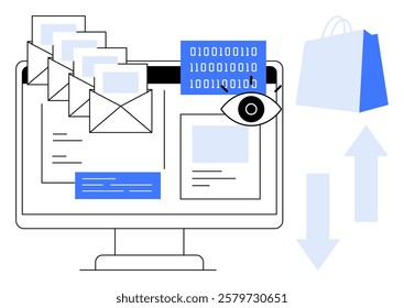 A computer screen shows emails, data, a shopping bag icon, and arrows. Ideal for e-commerce, digital marketing, online communication, data analysis, software tools. Modern flat style