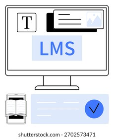 Computer screen shows LMS interface with text icon, multimedia, and notification widgets. Smartphone features open book app. Ideal for e-learning, education, online courses, virtual classrooms