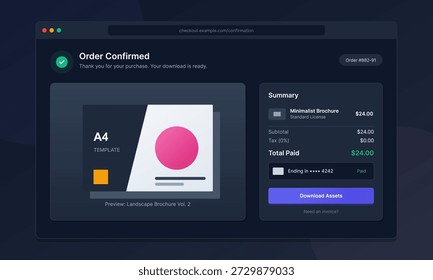 A computer screen shows an order confirmation for a minimalist brochure design. The total amount paid and download instructions are visible.