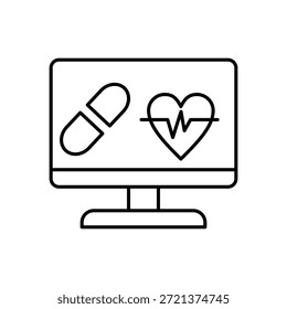 Der Computerbildschirm zeigt eine Grafik mit einer Pille und einer Herzfrequenz, die sich ideal für medizinische Websites, pharmazeutische Präsentationen, digitale Gesundheitsartikel und Blogs im Gesundheitswesen eignet.