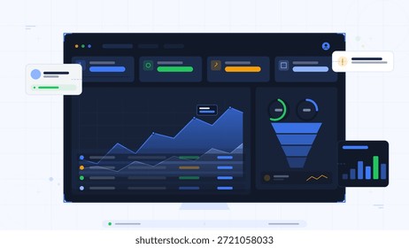 Ein Computerbildschirm zeigt verschiedene Diagramme und Grafiken, die mit der Datenanalyse zusammenhängen. Es werden Metriken angezeigt, die sich auf Trends konzentrieren. Das Design ist dunkel.