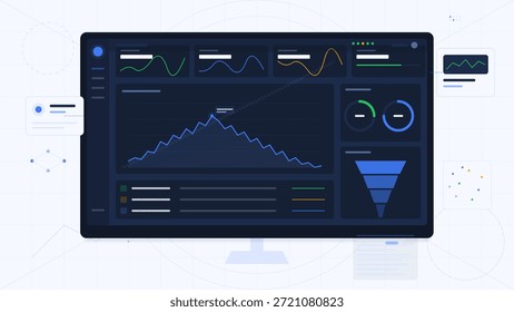 A computer screen shows various charts and graphs representing data trends, performance metrics, and visual analytics. This setup is used for business evaluation.