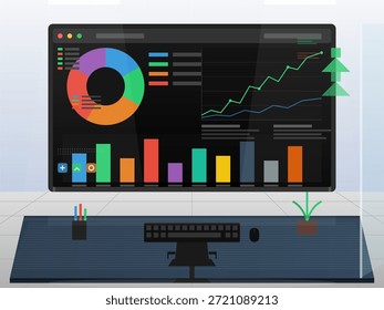 Una pantalla de computadora muestra varios gráficos y gráficos que muestran el análisis de datos. La oficina tiene un escritorio con un teclado, una planta y bolígrafos de colores en un soporte.