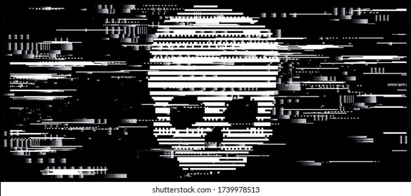 Computer screen with a skull representing a computer virus, hack attack, malware and ransomware.