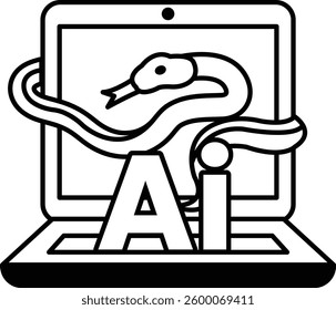 A computer screen with a snake and the letters AI on it In black and white line style