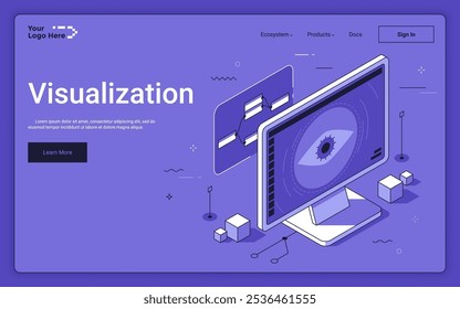 Pantalla de ordenador con Imágenes generadoras de software. Visualización de la Plantilla isométrica de la página de destino. Algoritmo de IA en el desarrollo de Diseños gráficos Ilustración vectorial 3d para página de Web