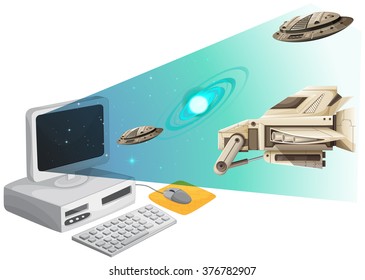 Pantalla de computadora con naves espaciales en la ilustración espacial