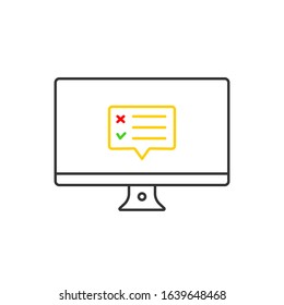 computer screen with speechbubble feedback. concept of social web, influence forum, loyalty proposal, target research, inquiry - response, crm. symbol media. color sign isolated on white background