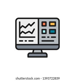Computer screen with spreadsheet, financial accounting report flat color icon.