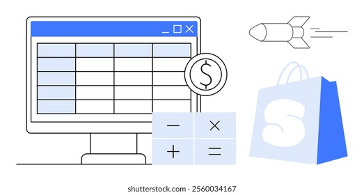 Computer screen with a spreadsheet represents data analysis. A shopping bag symbolizes e-commerce and a calculator indicates financial management. Ideal for technology, business, finance, e-commerce