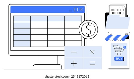 Pantalla de ordenador con hoja de cálculo, Carrito de compras en smartphone y símbolos de calculadora. Ideal para finanzas, comercio electrónico, contabilidad, presupuestos, temas de planificación financiera. Moderno estilo limpio. Azul claro